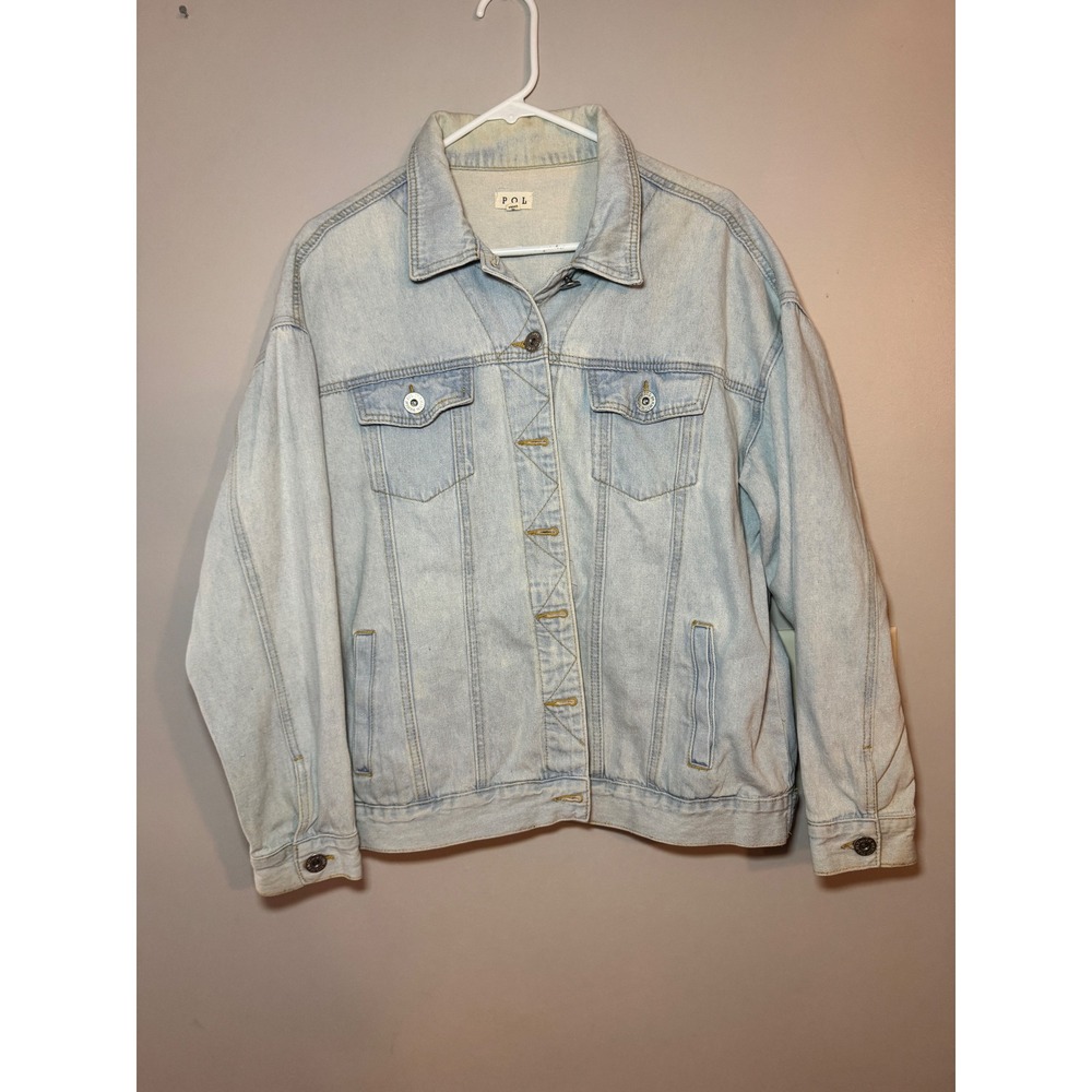 POL Womens Light Wash Denim Jacket Oversized Blue Cotton Trucker Small